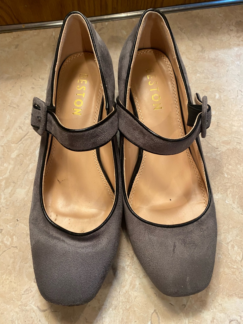 Beston Gray Suede Mary Janes with Buckle Strap